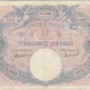 Prix Choc Billet France 50 Francs Bleu et Rose - 04-04-1908 Série K.3435
