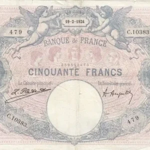 Super Prix Billet France 50 Francs Bleu et Rose - 19-02-1924 Série C.10383
