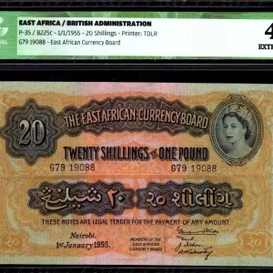 Billet Afrique de l'Est Britannique 20 Shillings Elizabeth II - Lion - 1955 - ICG EF 45 Commander Maintenant