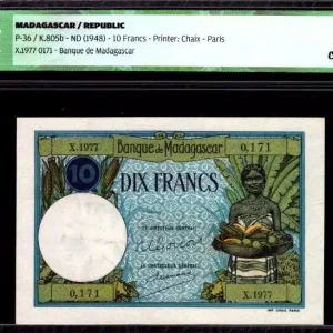 Tendance Billet Madagascar 10 Francs Femme et fruits - 1948 - ICG UNC66