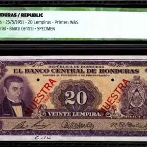 Billet Honduras 20 Lempiras Herrera - Vaches - 1951 - ICG UNC63 Petit Prix