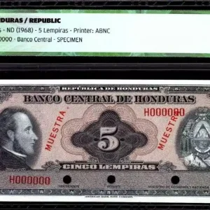Billet Honduras 5 Lempiras Morazan - Bataille de la Trinité - 1968 - ICG UNC68 Bon Plan