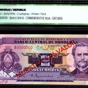 Billet Honduras 2 Lempiras M.A. Soto - Port d' Amapala - 1976 - ICG AU/UNC60 Original
