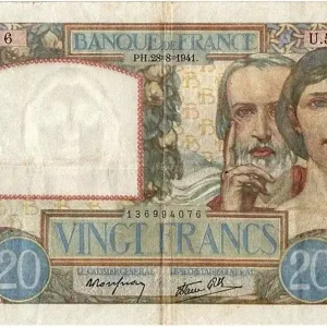 Billet France 20 Francs Science et Travail - 28-08-1941 Série U.5480 Meilleure Qualité