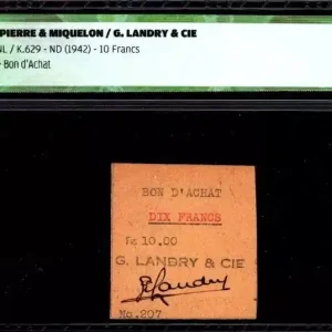 Billet St-P. et Miquelon 10 Francs, Bon d'achat - G. Landry and Cie - 1942 - ICG UNC66 Expédié Aujourd’hui