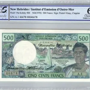 Fait Main Billet Nouvelles Hébrides 500 Francs Polynésien - Pirogue - 1970 alph A.1 - PCGS UNC 64