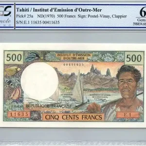 Livraison Mondiale Billet Tahiti 500 Francs Pêcheur et pirogues - PCGS UNC 66 OPQ