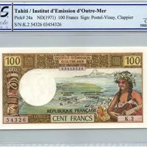 Billet Tahiti 100 Francs Tahitienne - Série K.2 - PCGS UNC 66 OPQ Populaire