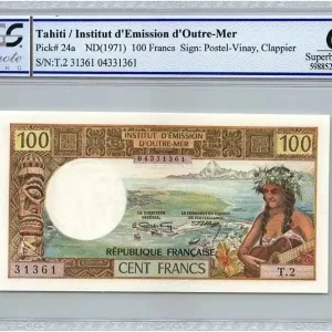 Billet Tahiti 100 Francs Tahitienne - Série T.2 - PCGS UNC 67 OPQ Petit Prix