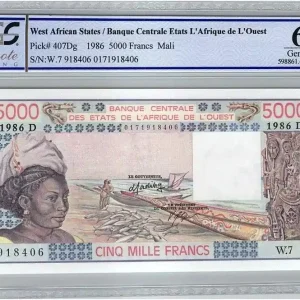 Tendance Billet BCEAO 5000 Francs Mali - Pirogues de pêche - 1986 - PCGS UNC 66 OPQ
