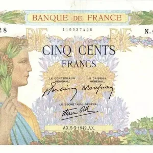 Livraison Gratuite Billet France 500 Francs La Paix - 05-03-1942 Série N.4798