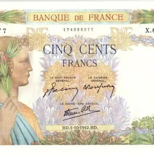 Billet France 500 Francs La Paix - 01-10-1942 Série X.6964-277 Offre Limitée