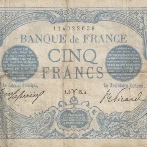 Billet France 5 Francs Bleu - 04-03-1915 Série Y.4561 Prix Cassé