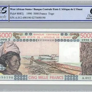 Billet BCEAO 5000 Francs Togo - Pirogues de pêche - 1990 - Série A.012 - PCGS UNC 64 OPQ Expédition Rapide