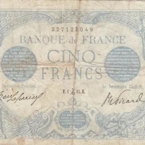 Authentique Billet France 5 Francs Bleu - 01-12-1915 Série Y.9085