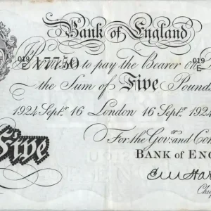 Dernier Modèle Billet Royaume-Uni 5 Pounds Impr. noire - Londres 1924 - Sig Harvey