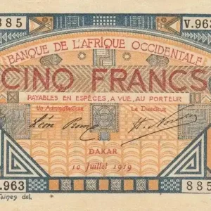 Retour Gratuit Billet B A O 5 Francs Lion - Dakar 10-07-1919 Série V.963