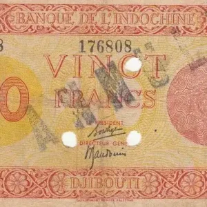 Billet Djibouti 20 Francs Impr. Palestine - 1945 Spécimen J.8 Petit Prix