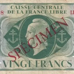 Billet AEF 20 Francs Marianne - France Libre - 1941 Spécimen LB924458 Offre Du Jour