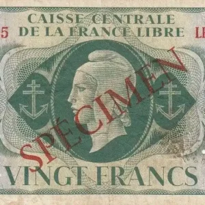 Garantie Incluse Billet AEF 20 Francs Marianne - France Libre - 1941 Spécimen LB936655