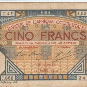 Billet B A O 5 Francs Lion - Porto-Novo - 10-07-1919 Série J.668 Marque
