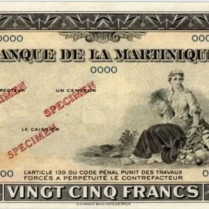 Billet Martinique 25 Francs Agriculture - 1943 Spécimen OOOO Offre Spéciale
