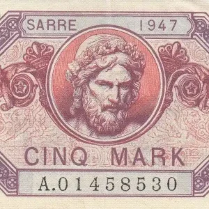 Billet Sarre 5 Mark Portrait de Zeus - Femme et fruits - 1947 Authentique