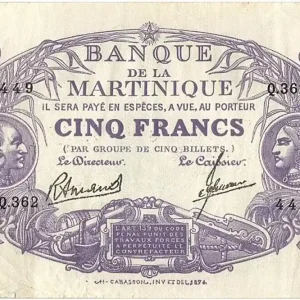 Pas Cher Billet Martinique 5 Francs Cabasson, Violet - 1945 Série Q.362