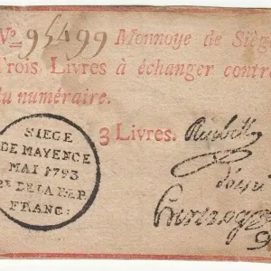 Billet Mayence 3 Livres Rouge - Tampon noir - Mai 1793 Exclusif