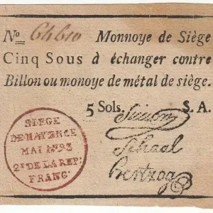 Offre Limitée Billet Mayence 5 Sols Noir - Tampon rouge - Série A Mai 1793