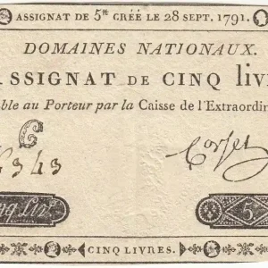Billet France 5 Livres Timbre sec Louis XVI - 28-09-1791 - Série 24 C Nouvel Arrivage