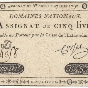 Remise Billet France 5 Livres Timbre sec Louis XVI - 27-06-1792 - Série 7 D