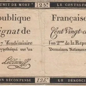 Billet France 125 Livres 7 Vendemiaire An II - 28.9.1793 - Sign. Leclaireff Prix Choc