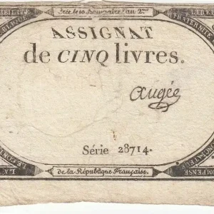 Billet France 5 Livres 10 Brumaire An II - 31-10-1793 - Sign. Augée Offre Exclusive