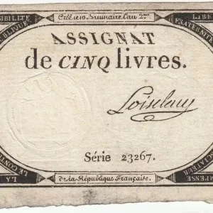 Billet France 5 Livres 10 Brumaire An II - 31-10-1793 - Sign. Loiseleau Fait Main
