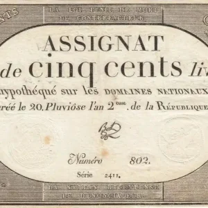 Dernier Modèle Billet France 500 Livres 20 Pluviose An II - 8.2.1794 - Sign. Bot
