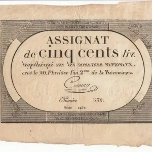 Billet France 500 Livres 20 Pluviose An II (8.2.1794) - Sign . Crosnier Retour Gratuit