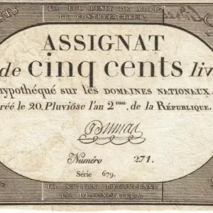 Prix Choc Billet France 500 Livres 20 Pluviose An II - 8.2.1794 - Sign. Dumas