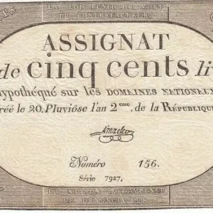 Billet France 500 Livres 20 Pluviose An II - 8.2.1794 - Sign. Linreler Haute Qualité