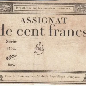 Billet France 100 Francs 18 Nivose An III - 7.1.1795 - Sign. Vial - Fauté Marque