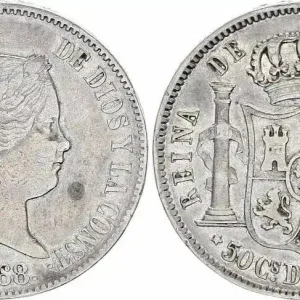 Top Qualité Philippines 50 Centimos Isabelle II - Armoiries - 1868