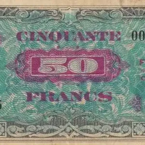 Billet France 50 Francs Impr. américaine (drapeau) - 1944 - Grand X Must-Have