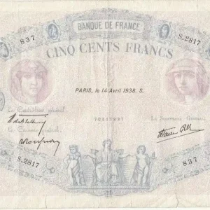 Retour Gratuit Billet France 500 Francs Rose et Bleu - 14-04-1938 Serial S.2817