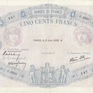 Billet France 500 Francs Rose et Bleu - 02-06-1938 Série U.2927 Tendance