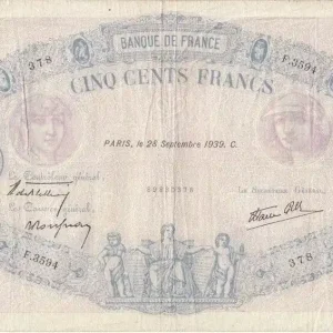 Billet France 500 Francs Rose et Bleu - 28-09-1939 Série F.3594 Prix Cassé