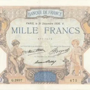 Authentique Billet France 1000 Francs Cérès et Mercure - 31-12-1936 Série Q.2697