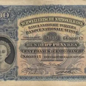 Billet Suisse 100 Francs Tête de Femme - Paysan 16-09-1930 Série 6K Livraison Gratuite