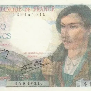 Billet France 5 Francs Berger - 05-08-1943 Série R.52 Commande En Gros