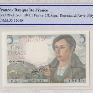 Authentique Billet France 5 Francs Berger - 05-08-1943 Série M.53 - PCGS 68 OPQ