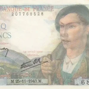 Billet France 5 Francs Berger - 25-11-1943 Série C.84 Commander Maintenant